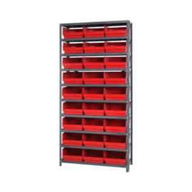 Quantum Storage Systems Steel Shelving w/ 27 6"H Red Bins, 10 Shelves, 36"W x 12"D x 75"H