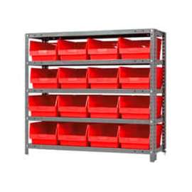 Quantum Storage Systems 1839-208 Steel Shelving With 16 6"H Shelf Bins Red, 36x18x39-5 Shelves
