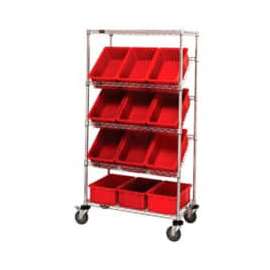 Global Industrial Easy Access Slant Shelf Wire Cart 12 3-1/2"H Grid Containers Red 36x18x63