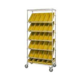 Global Industrial Easy Access Slant Shelf Chrome Wire Cart, 30 4 Shelf Bins Yellow, 36"Lx18x74