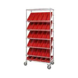 Global Industrial Easy Access Slant Shelf Chrome Wire Cart, 30 4"H Shelf Bins Red, 36Lx18Wx74H