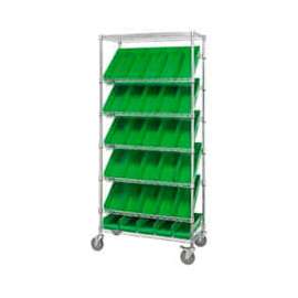Global Industrial Easy Access Slant Shelf Chrome Wire Cart 30 4"H Shelf Bins Green 36Lx18Wx74H