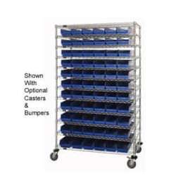 Chrome Wire Shelving with 66 4"H Plastic Shelf Bins Blue, 48x24x74