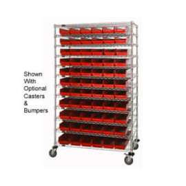 Chrome Wire Shelving with 66 4"H Plastic Shelf Bins Red, 48x24x74