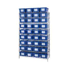 Chrome Wire Shelving With 36 6"H Nest & Stack Shipping Totes Blue, 48x18x74