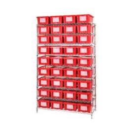 Chrome Wire Shelving With 36 6"H Nest & Stack Shipping Totes Red, 48x18x74