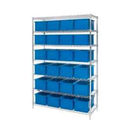 Chrome Wire Shelving With 24 8"H Grid Container Blue, 48x18x74