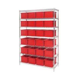 Chrome Wire Shelving With 24 8"H Grid Container Red, 48x18x74