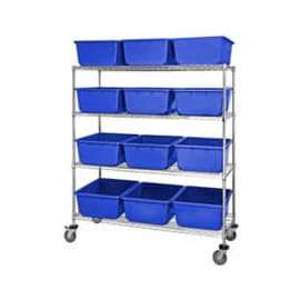 Quantum MWR4-2419-9 Mobile Chrome Wire Truck With 12 9-1/2"H Nesting Totes Blue, 60"L x 24"W x 69"H
