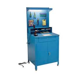 Global Industrial Cabinet Shop Desk w/ Pegboard, Riser & Top Shelf, 34-1/2"W x 30"D, Blue