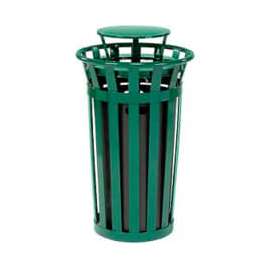 Global Industrial Outdoor Slatted Steel Trash Can With Rain Bonnet Lid, 24 Gallon, Green