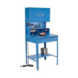 Global Industrial Sloped Shop Desk w/ Pegboard, Riser & Cabinet, 34-1/2"W x 30"D, Blue