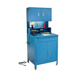 Global Industrial Cabinet Shop Desk w/ Pegboard & Upper Cabinet, 34-1/2"W x 30"D, Blue