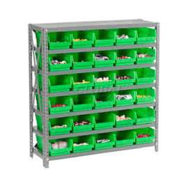 Steel Shelving with 30 4"H Plastic Shelf Bins Green, 36x12x39-7 Shelves