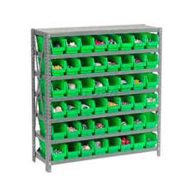 Steel Shelving with 48 4"H Plastic Shelf Bins Green, 36x12x39-7 Shelves