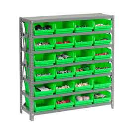Steel Shelving with 24 4"H Plastic Shelf Bins Green, 36x18x39-7 Shelves