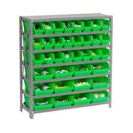 Steel Shelving - Total 36 4"H Plastic Shelf Bins Green, 36x18x39-7 Shelves