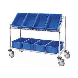 Global Industrial Easy Access Slant Shelf Chrome Wire Cart, 8 Blue Grid Containers 48Lx18Wx48H