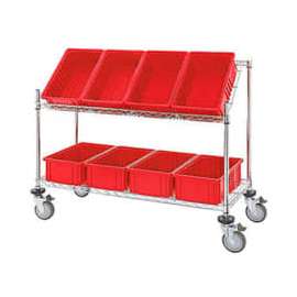 Global Industrial Easy Access Slant Shelf Chrome Wire Cart, 8 Red Grid Containers, 48Lx18Wx48H
