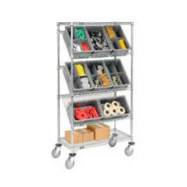 Global Industrial Easy Access Slant Shelf Chrome Wire Cart, 8 Blue Grid Containers 36Lx18Wx63H