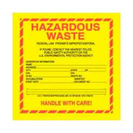 Paper Labels w/ "Hazardous Waste" Print, 6"L x 6"W, Yellow/Red/Black, Roll of 500