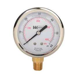 2 1/2" dial, liquid filled, 1/4" NPT bottom, 0-60 PSI