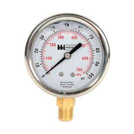 2 1/2" dial, liquid filled, 1/4" NPT bottom, 0-100 PSI