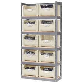 Steel Boltless Wood Deck Shelving - 10 Plastic Hopper Bins Beige, 42x15x84