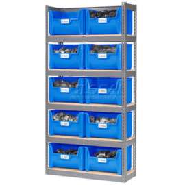 Steel Boltless Wood Deck Shelving - 10 Plastic Hopper Bins Blue, 42x15x84