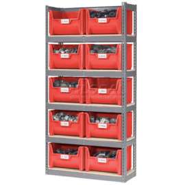 Steel Boltless Wood Deck Shelving With 10 Plastic Hopper Bins Red, 42x15x84