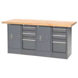 Global Industrial Workbench w/ Maple Square Edge Top, 6 Drawers & 2 Cabinets, 72"Wx30"D, Gray
