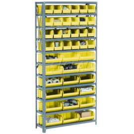 Steel Open Shelving - 28 YL 8-1/4x10-3/4x7 Stacking Bins 8 Shelves 36x12x73