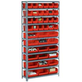 Steel Open Shelving - 14 Red Plastic Stacking Bins 8 Shelves - 36 x 12 x 73