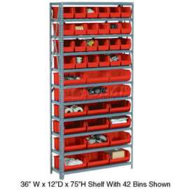 Steel Open Shelving - 15 Red Plastic Stacking Bins 8 Shelves - 36 x 18 x 73