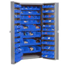 Bin Cabinet Deep Door - 132 Blue Bins, 16-Gauge Unassembled Cabinet 38x24x72