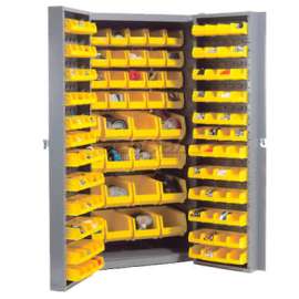 Bin Cabinet Deep Door - 156 Yellow Bins, 16 Ga. Unassembled Cabinet 38x24x72