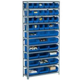 Steel Open Shelving with 12 Blue Plastic Stacking Bins 5 Shelves - 36x18x39