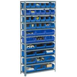 Steel Open Shelving with 36 Blue Plastic Stacking Bins 10 Shelves - 36x18x73