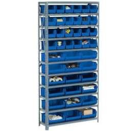Steel Open Shelving with 28 Blue Plastic Stacking Bins 10 Shelves - 36x18x73