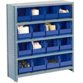 Steel Closed Shelving with 8 Blue Plastic Stacking Bins 5 Shelves - 36x18x39