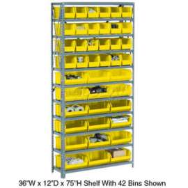 Steel Open Shelving - 30 Yellow Plastic Stacking Bins 11 Shelves - 36x12x73