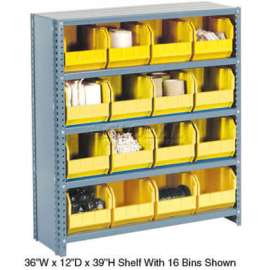 Steel Closed Shelving - 42 Yellow Plastic Stacking Bins 11 Shelves 36x12x73