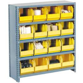 Steel Closed Shelving - 36 Yellow Plastic Stacking Bins 10 Shelves 36x12x73
