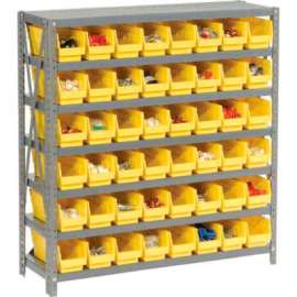 Steel Shelving with 48 4"H Plastic Shelf Bins Yellow, 36x12x39-7 Shelves