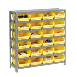 Steel Shelving with 24 4"H Plastic Shelf Bins Yellow, 36x18x39-7 Shelves