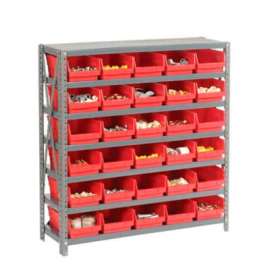 Steel Shelving with 30 4"H Plastic Shelf Bins Red, 36x18x39-7 Shelves