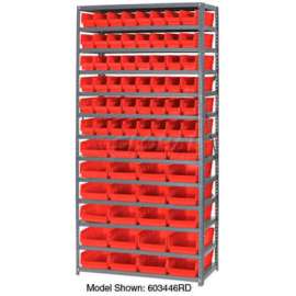 Steel Shelving with Total 72 4"H Plastic Shelf Bins Red, 36x12x72-13 Shelves