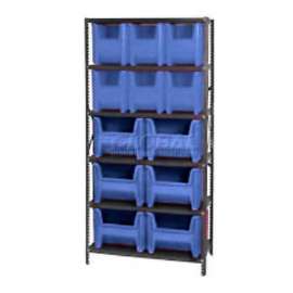 Quantum Storage Systems Shelving Unit With 12 Giant Hopper Bins, 36"W x18"D x 75"H, Blue