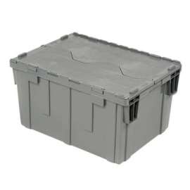 Global Industrial Plastic Shipping/Storage Tote W/Attached Lid, 28-1/8"x20-3/4"x15-5/8", Gray