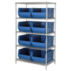Quantum Storage Systems WR5-955 Chrome Wire Shelving With 8 24"D Bins Blue, 42x24x74